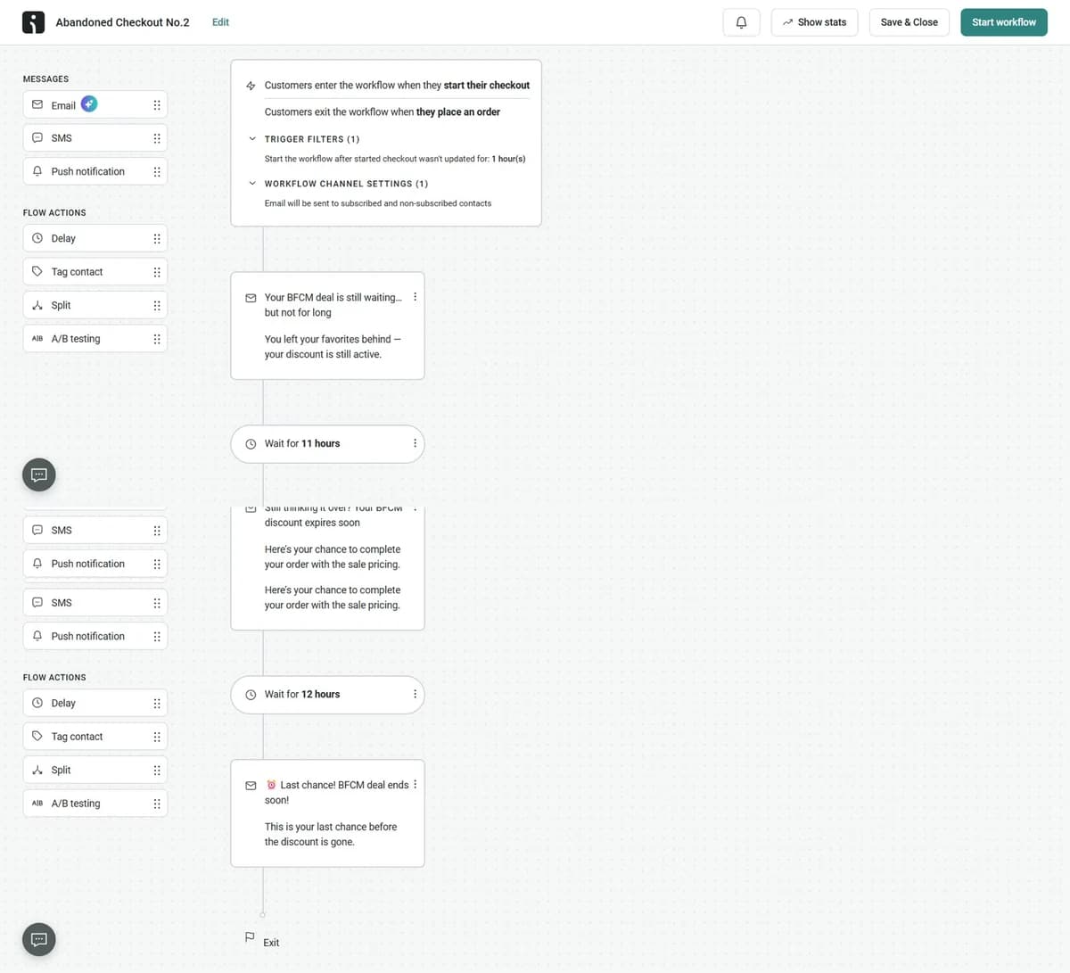 Omnisend automation builder showing a multi-step abandoned-checkout flow for a BFCM campaign